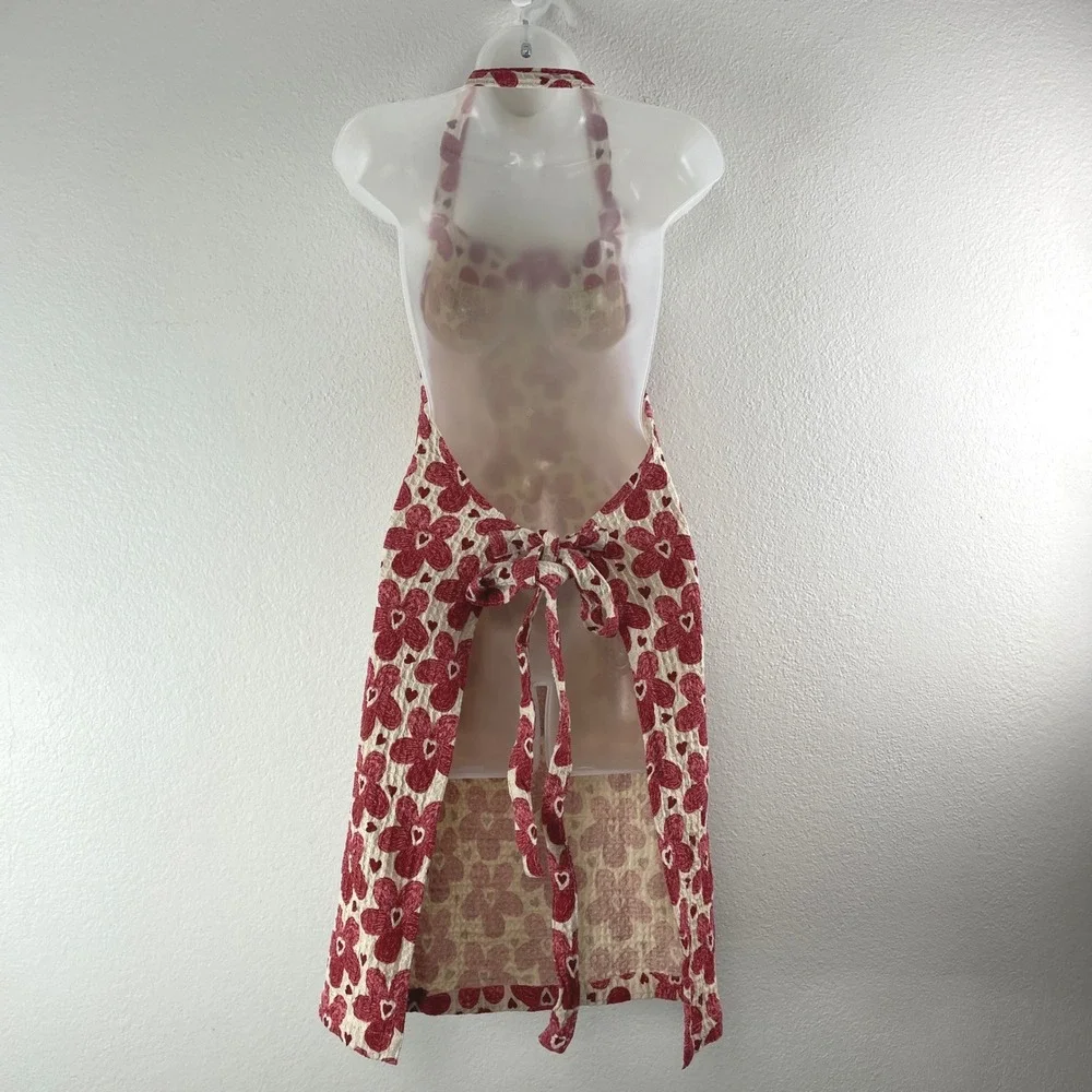 Storehouse Floral Heart Waffle Weave Apron OS Cream Red Cottagecore Retro